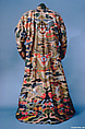 Robe for Tibetan aristocrat (chuba), Silk, wrapped gold on cream silk, wrapped peacock feather filaments, Tibet
