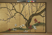 Plum Tree and Hollyhocks, Ogata Kenzan (Japanese, 1663–1743), Pair of six-panel folding screens; ink and color on gilt paper, Japan