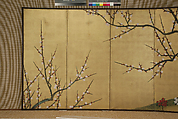 Plum Tree and Hollyhocks, Ogata Kenzan (Japanese, 1663–1743), Pair of six-panel folding screens; ink and color on gilt paper, Japan