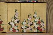 Plum Tree and Hollyhocks, Ogata Kenzan (Japanese, 1663–1743), Pair of six-panel folding screens; ink and color on gilt paper, Japan