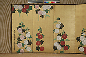 Plum Tree and Hollyhocks, Ogata Kenzan (Japanese, 1663–1743), Pair of six-panel folding screens; ink and color on gilt paper, Japan