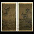Evening bell from mist-shrouded temple (left); Autumn moon over Lake Dongting (right), Style of An Gyeon (Korean), Pair of hanging scrolls; ink on silk, Korea