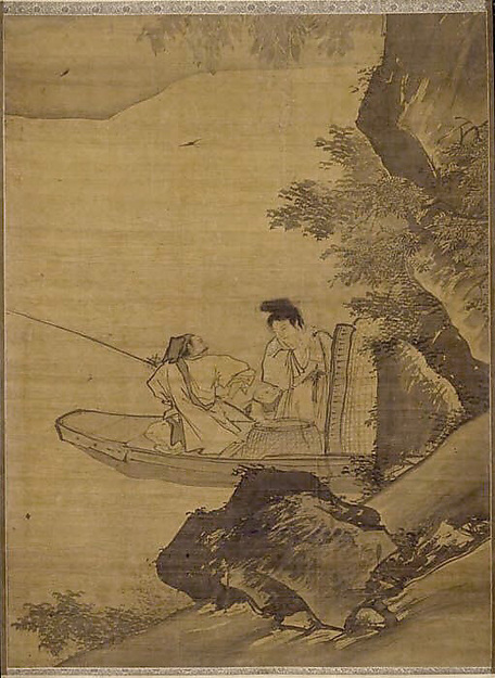 明  傳張路  溪畔漁家圖  軸|Fisherman and family