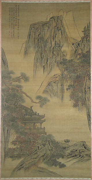 清　李寅　高閣觀瀑圖　軸|Viewing a waterfall from a mountain pavilion