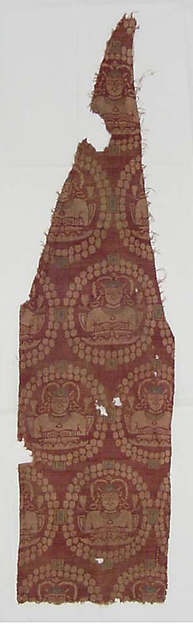 Historical silk fragment catalogued as Woven Textile with Male Bust in Pearl Roundel, Central Asia, seventh to eighth century