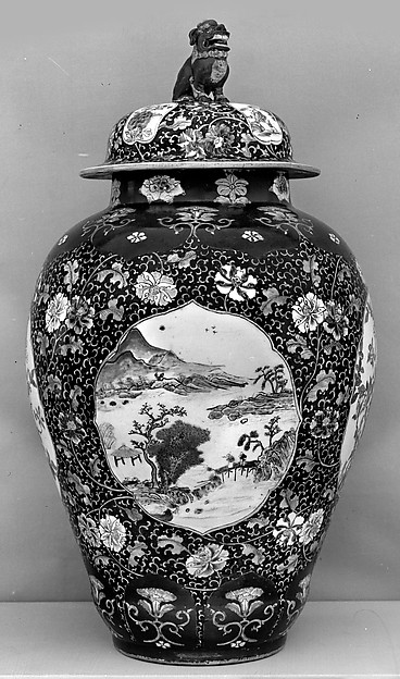 Covered jar with landscape and flowers