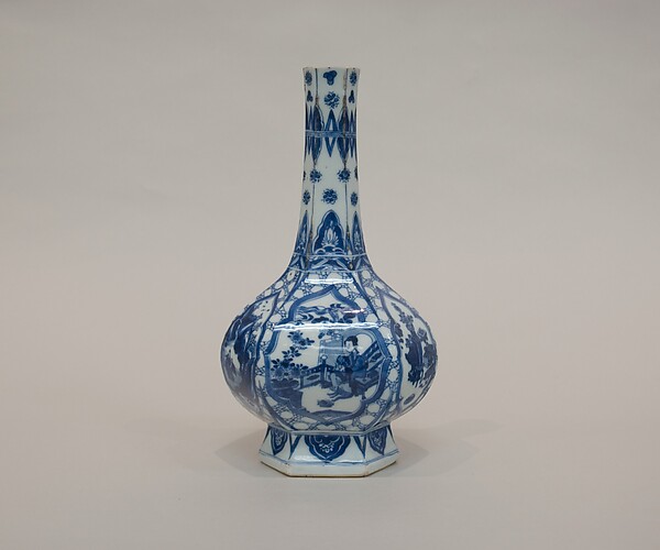 Hexagonal vase with ladies, plants, and landscape