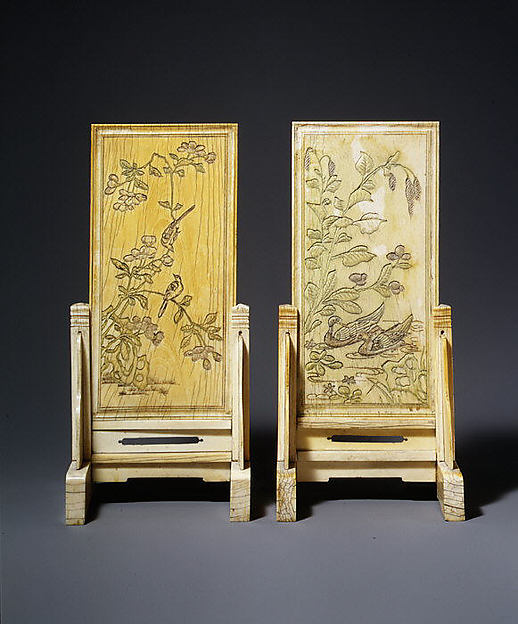 Pair of table screens with flowers, birds, and poems by an unrecorded maker, The Metropolitan Museum of Art