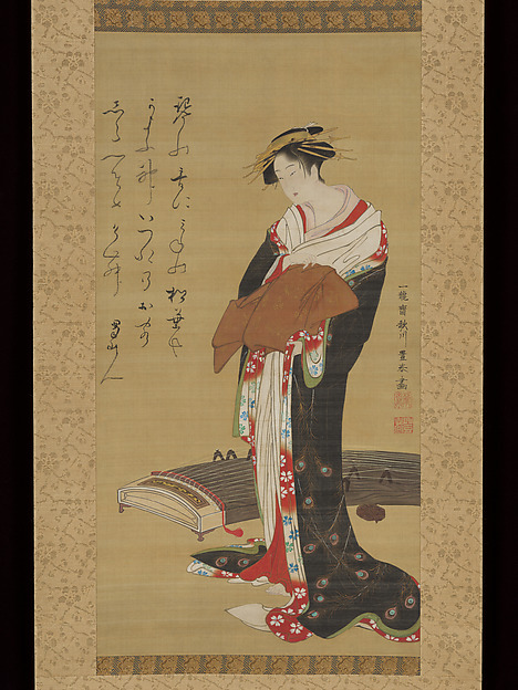 歌川豊春筆　蜀山人（大田 南畝）賛　 琴に立美人図|Female Entertainer with a Koto