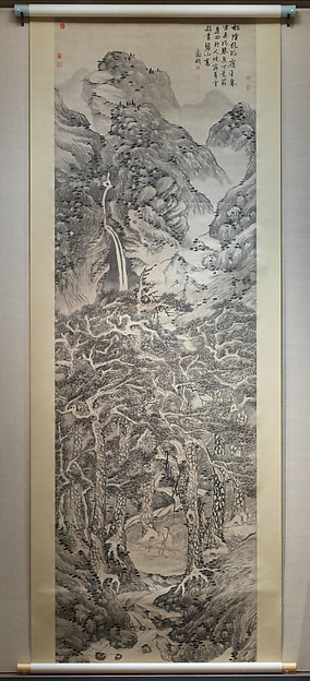 明　文徵明　松陰飛瀑圖　 軸|Recluse playing the zither in a pine grove
