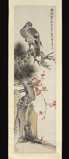清   朱偁   松鷹圖   軸|Hawk, pine, plum, and rock