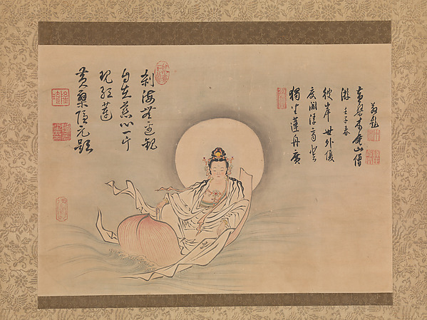 照山元瑶筆　隠元隆琦 ・ 木庵性瑫賛　一葉観音図 (Ichiyō Kannon zu)|Kannon on a Lotus Petal