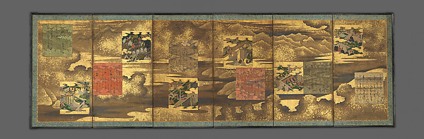 土佐派絵師  源氏物語図色紙貼交屏風|Tale of Genji Screen (Genji monogatari zu shikishi harimaze byōbu)
