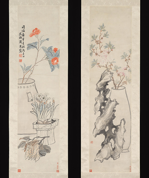 Flowers: (a) Peach-blossom and Spiritual Stone; (b) Camellia, Narcissus and Buddha's Hand - Zhou Cunbo