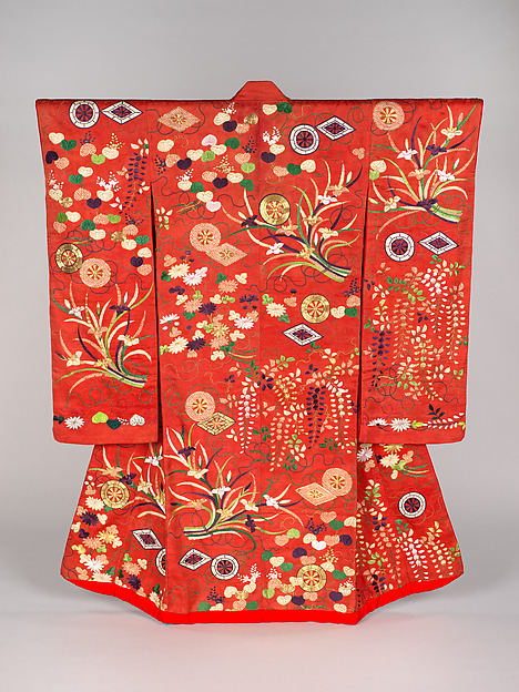 Over Robe (Uchikake) with Genji Wheels, Narcissus Bouquets, Wild Ginger Leaves, Wisteria, and Chrysanthemums by an unrecorded maker, The Metropolitan Museum of Art