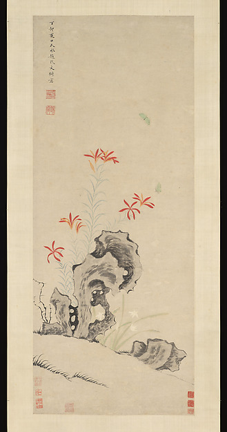 明　佚名　仿趙文俶　萱石圖　軸|Rock, Tiger Lily and Orchid