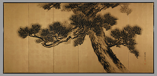 鈴木松年筆 老松図屏風|Aged Pines