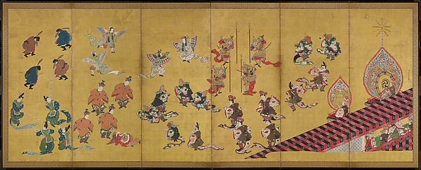 舞楽図屏風 ・唐獅子図屏風|Bugaku Dances (front); Chinese Lions (reverse)