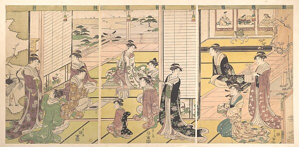 Honoring the Three Gods of Poetry: Women Composing Poems, ChÅbunsai Eishi (Japanese, 1756â€“1829), Triptych of polychrome woodblock prints; ink and color on paper, Japan