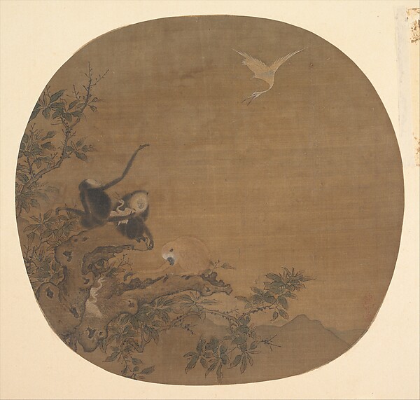 南宋？ 佚名   舊傳易元吉    三猿得鷺圖   團 扇頁|Gibbons Raiding an Egret's Nest