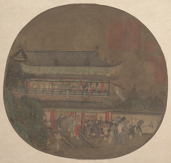南宋/元   佚名   呂洞賓過岳陽樓圖   扇|The Immortal Lü Dongbin Appearing over the Yueyang Pavilion