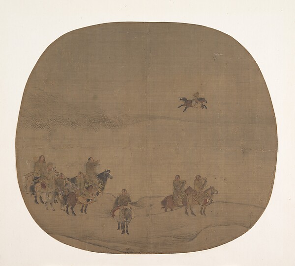 南宋　傳陳居中　胡騎春獵圖　團扇|Nomads hunting with falcons