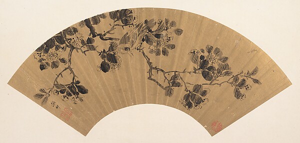 明   張翀   花鳥圖   扇面|Bird on a flowering branch