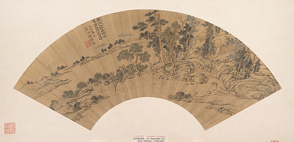 明　陳祼　茂樹清泉圖　扇|Recluse washing his feet in a stream