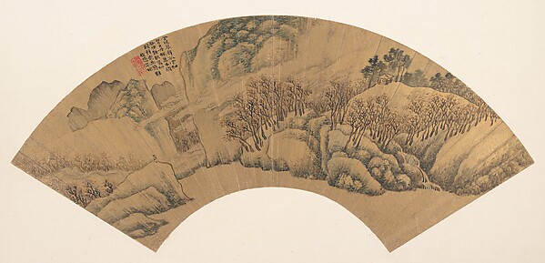 明　吳彬　翠壁丹楓　扇|Azure Cliff with Red Maples