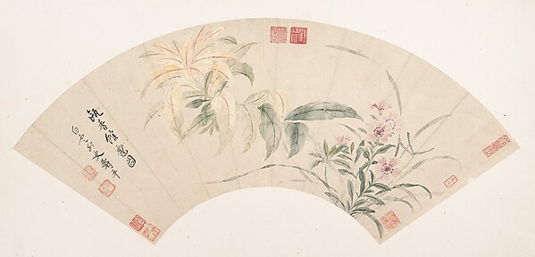 清　惲壽平　花卉圖　摺扇|Carnations and amaranthus