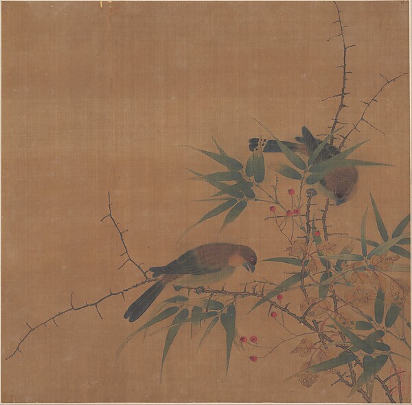 清   佚名   竹禽圖   冊頁|Bamboo Branch with Berries and Birds