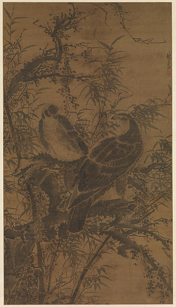 明  林良  二鷹圖  軸|Two hawks in a thicket