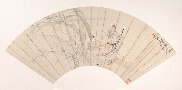 清任薰海棠小鳥扇面|Bird on a Rock by a Flowering Branch