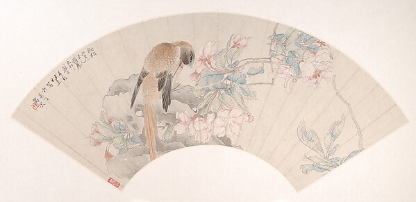 清  任薰   海棠小鳥  扇面|Bird on a Rock by a Flowering Branch