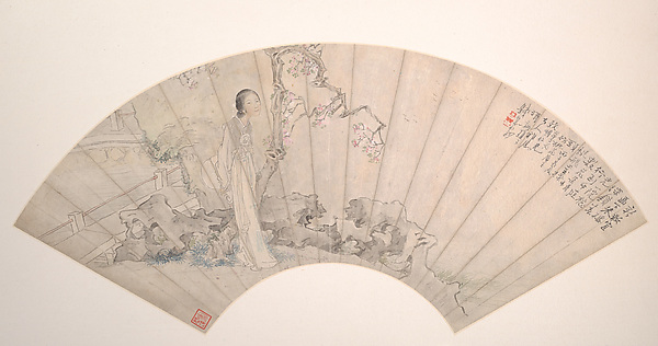 清   錢慧安   仕女圖   摺扇|Woman in a garden
