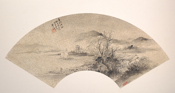 近代  吳石僊  春江煙雨  扇面|Misty Rain on the River in Spring