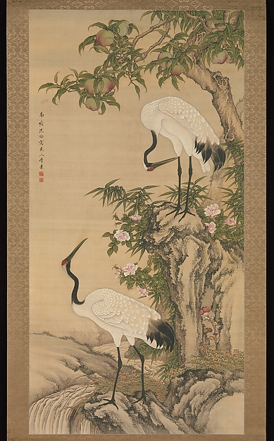 清   沈銓   月季桃鶴圖   軸|Cranes, peach tree, and China rose