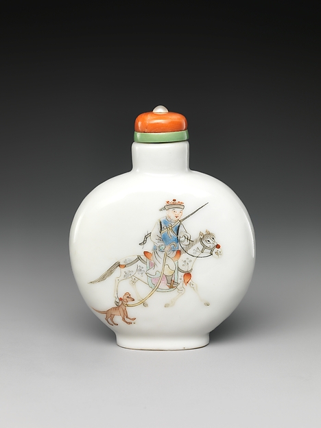 Snuff bottle with camel wrangler and Manchu horse rider