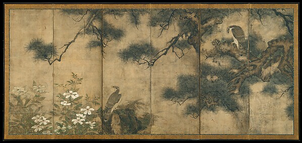 三谷等宿筆　伝三谷等宿筆　松と椿に鷹・柳と椿に小禽図屏風|Hawks with Pine Trees and Camellias; Small Birds with Willows and Camellias
