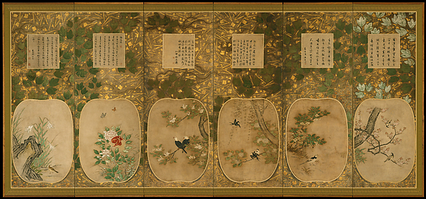 十二ヶ月花鳥図書画挿絵貼屏風|Birds and Flowers of the Twelve Months with Chinese Calligraphy