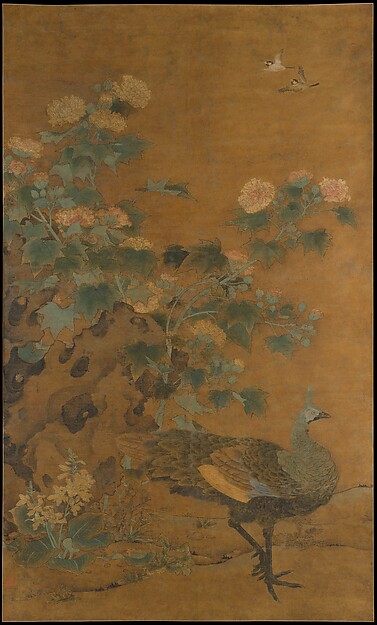 元   邊魯   孔雀芙蓉圖   軸|Peahen and hibiscus