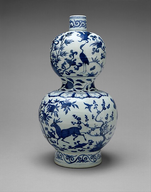 Gourd-Shaped Bottle with Deer and Crane in Landscape