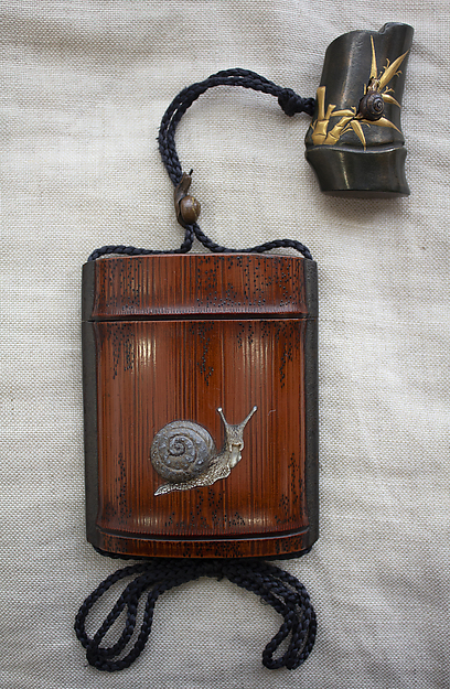 Inrō with Snail on Bamboo (obverse) and Poem (reverse) — Ganbun