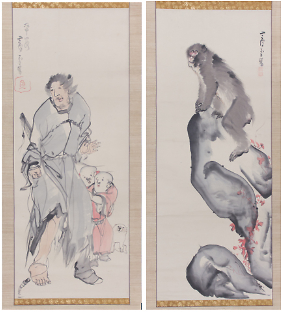 長澤蘆雪筆　岩上猿・猿回し師唐子狗児図|Monkey on a Rock; Monkey Trainer with Chinese Children and Puppy