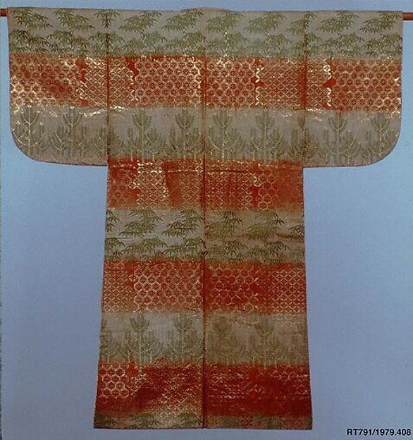 Noh Robe (Karaori) with Pattern of Bamboo and Young Pines on Bands of Red and White