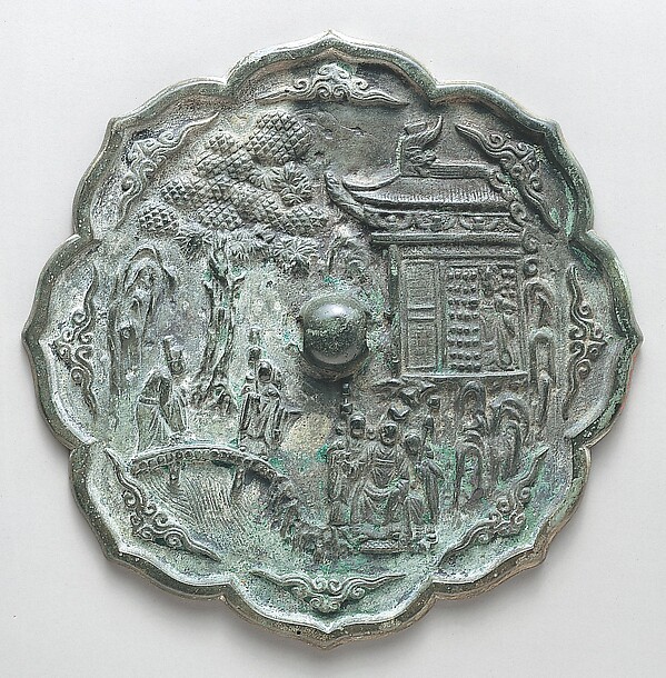 Mirror decorated with figures in a landscape