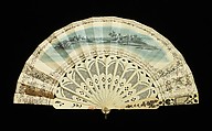 Fan, ivory, paper, gouache, mother-of-pearl, metal, metallic, British