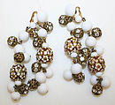 Earrings, rhinestones, metal, American