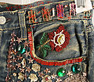 Jeans, cotton, glass, silk, nylon, metallic thread, plastic, American