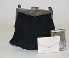 Evening purse, (a, b) leather, metal; (c) glass, French